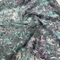Grey Aqua Lilac Floral Embroidered Tulle Lace Fabric
