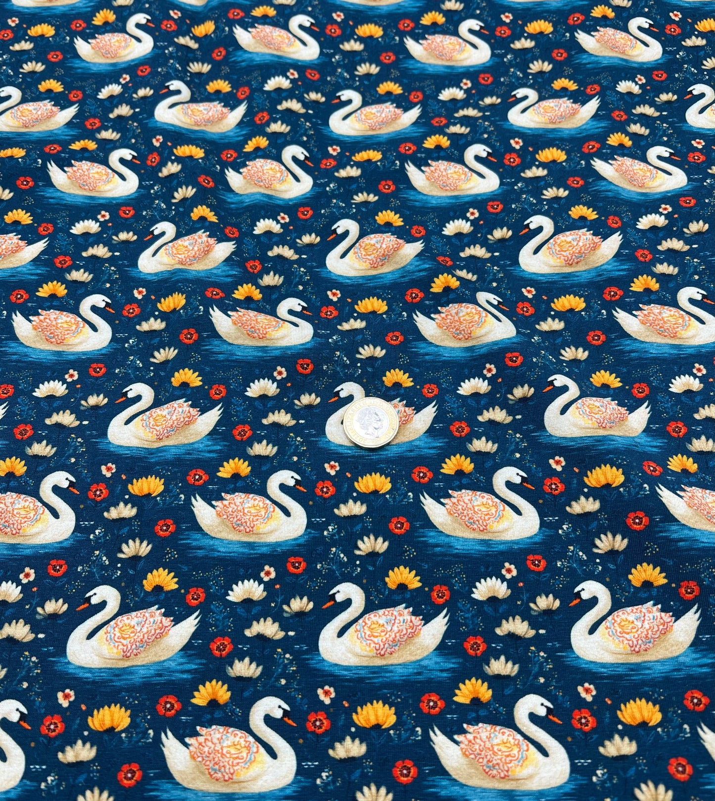 Folk Art Swans Print Cotton Stretch Jersey 200 GSM 95/5 Lycra 4 Way Stretch
