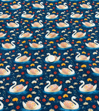 Folk Art Swans Print Cotton Stretch Jersey 200 GSM 95/5 Lycra 4 Way Stretch