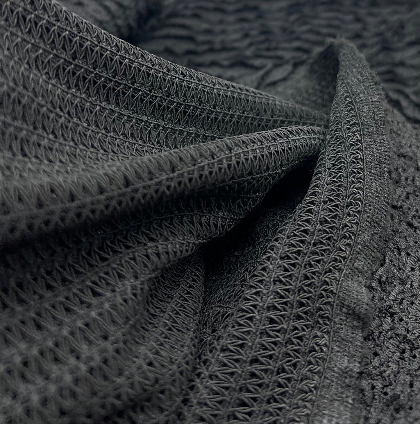 Black Ruffle Crochet Frill Knitted Stretch Fabric 300GSM