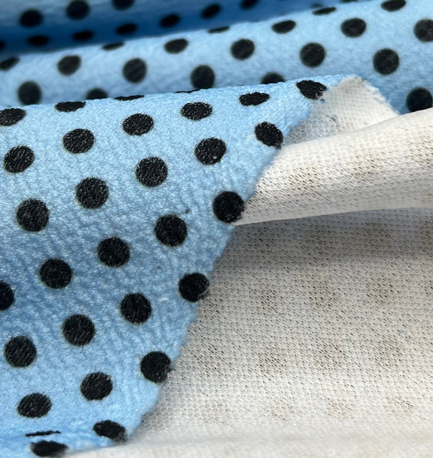 Baby Blue Black Polka Print Liverpool Bullet Stretch Fabric