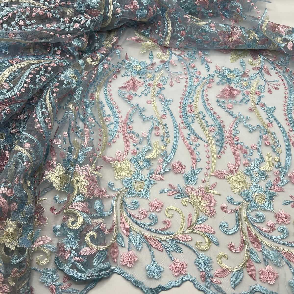 Blue Baby Pink Beige Floral Embroidered Tulle Lace Fabric