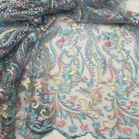 Blue Baby Pink Beige Floral Embroidered Tulle Lace Fabric