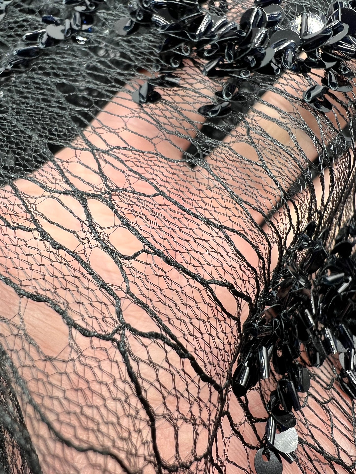 Black Sequin Detail Textured Mesh Stretch Fabric