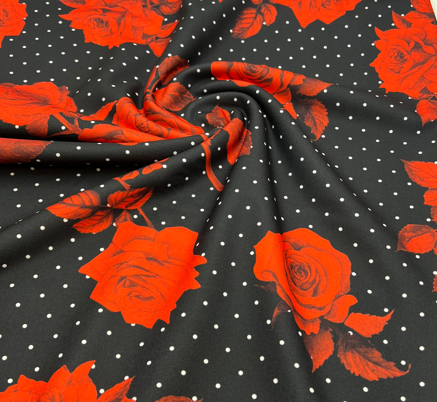 Black Rose Spot Printed Scuba Crepe Fabric 4 Way Stretch