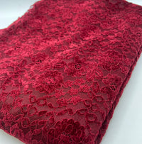 Burgundy Embossed Textured Scalloped Edge Floral Lace Fabric Stretch