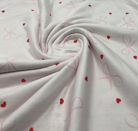 Soft Pink Heart Bow Super Soft Print Spun Poly Stretch Fabric