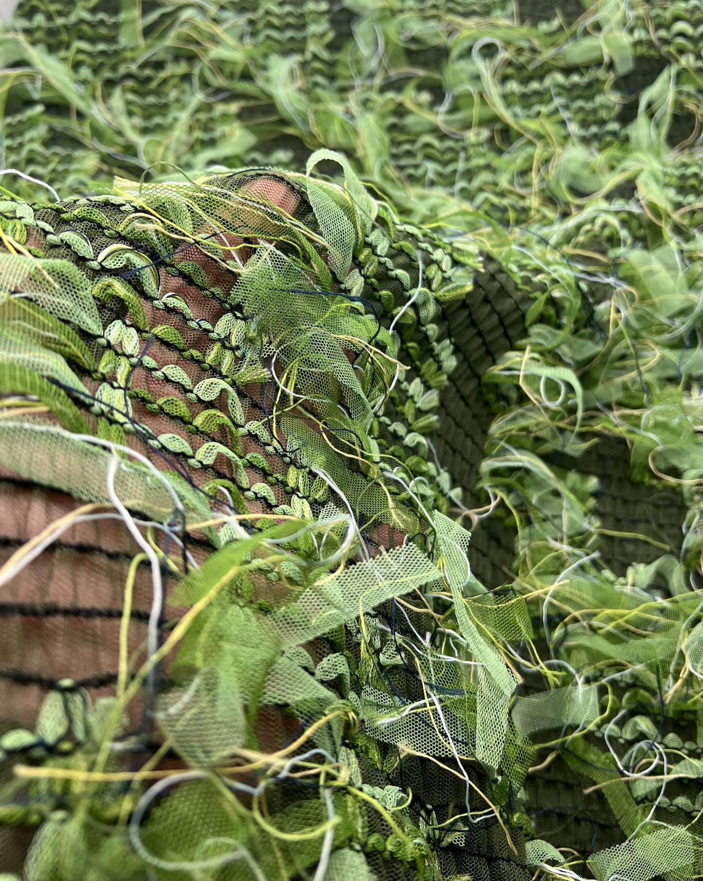 Green Mix Textured Mesh Tassel Fabric 2 Way Stretch