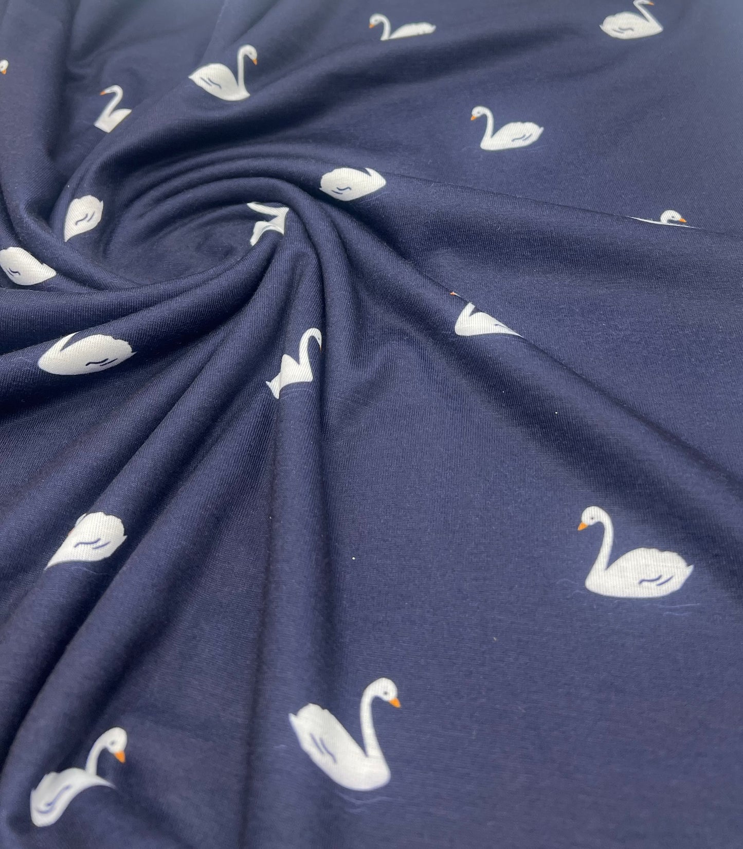 Navy Swan Print Spun Poly Stretch Fabric