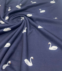 Navy Swan Print Spun Poly Stretch Fabric