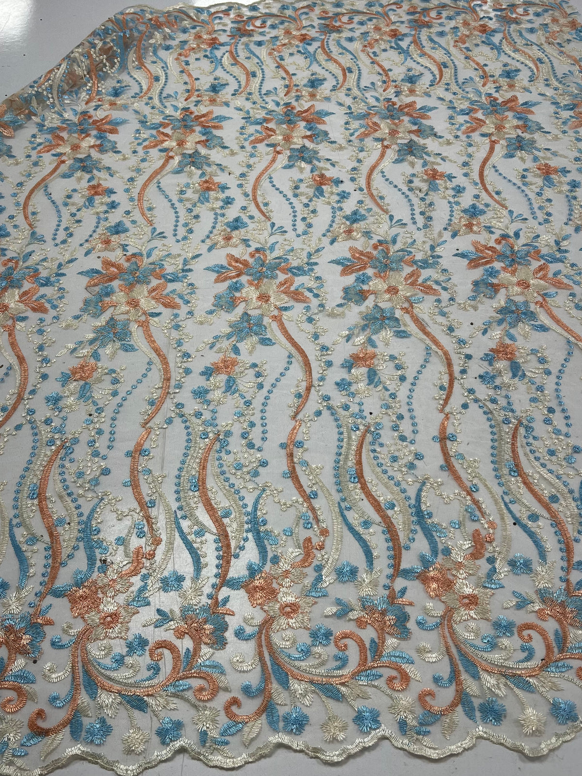 Blue Coral Beige Floral Embroidered Tulle Lace Fabric