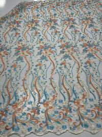 Blue Coral Beige Floral Embroidered Tulle Lace Fabric