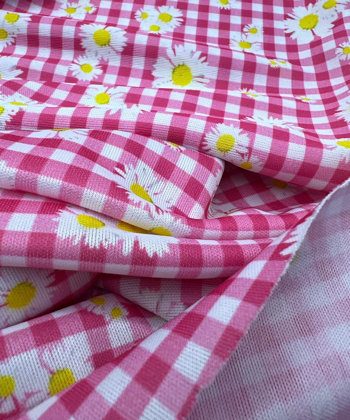 Pink Gingham Daisy Lightweight Stretch Fabric
