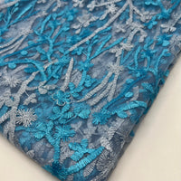Blue Silver Floral Embroidered Tulle Lace Fabric