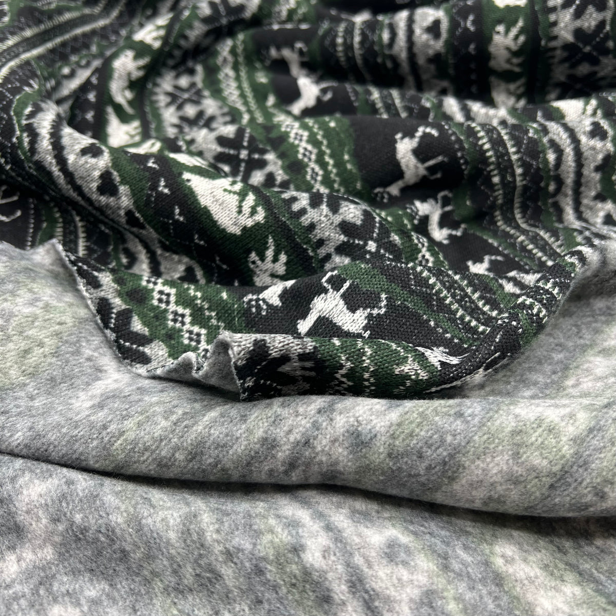 Green Fairisle Christmas Melange Brushed Back Knit Stretch Fabric