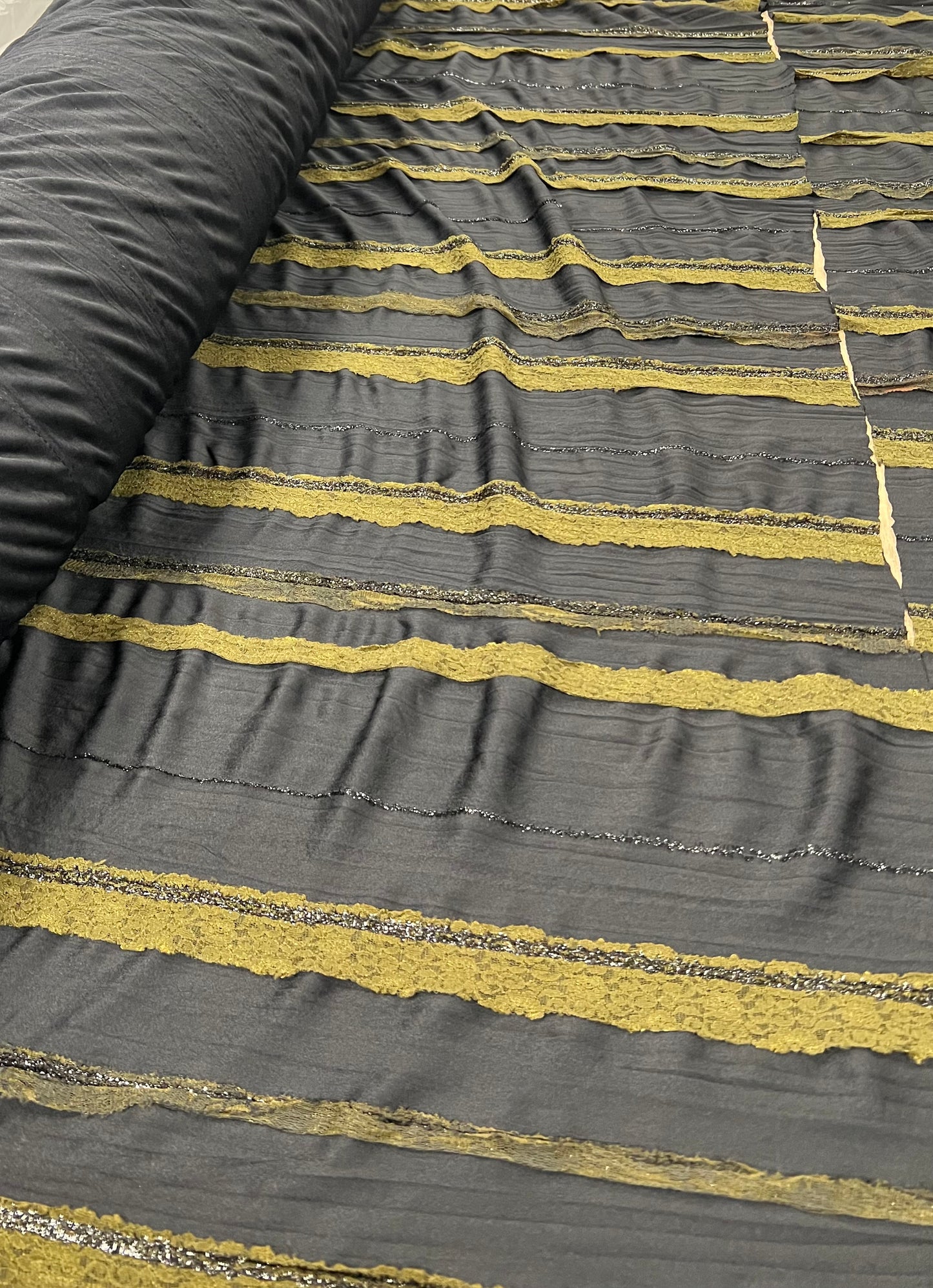 Black Green Ruffle Lace Detail Fabric Stretch
