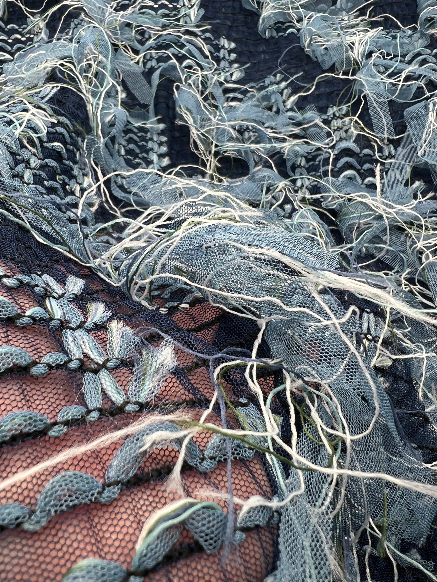 Blue Mix Textured Mesh Tassel Fabric 2 Way Stretch