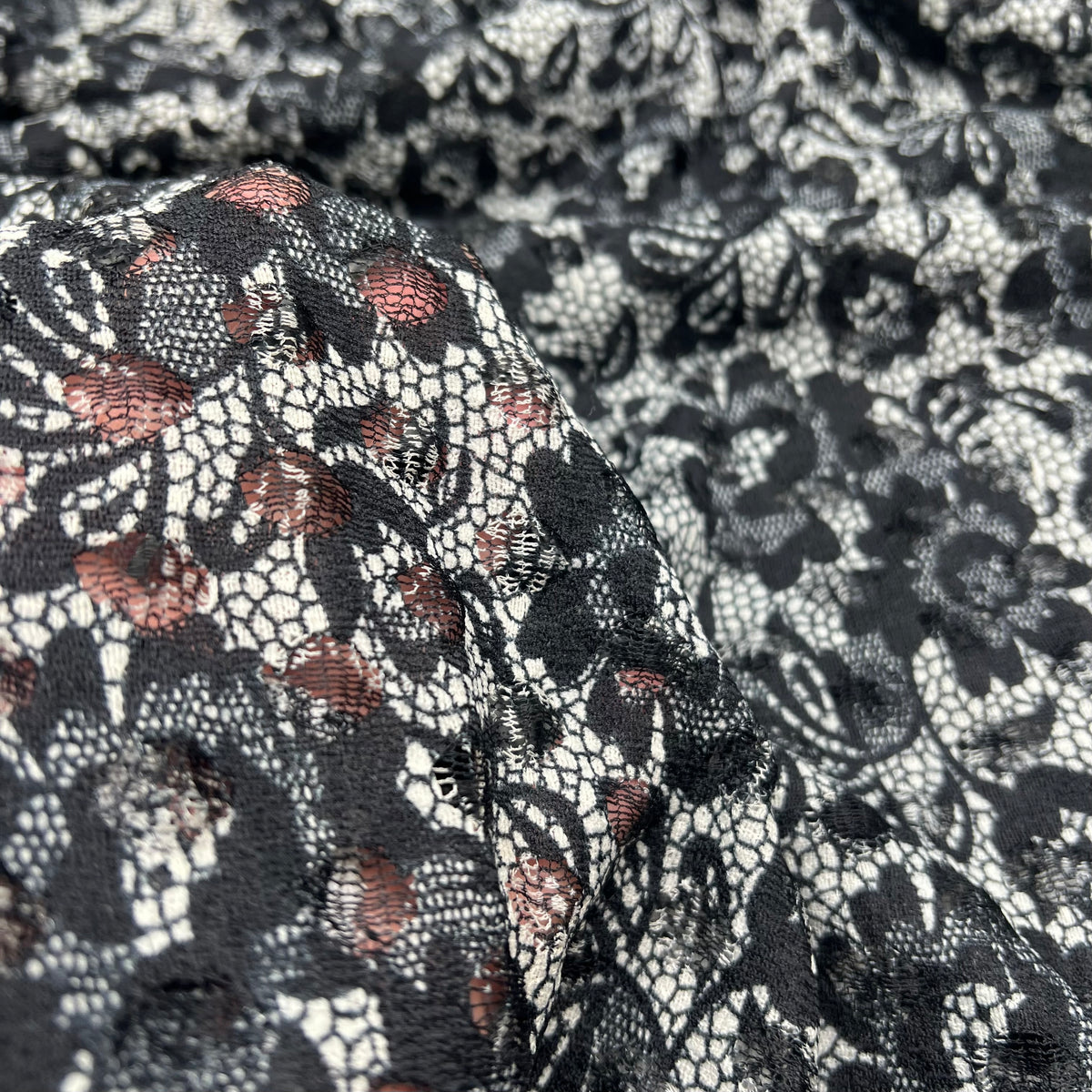 Black Beige Floral Lace Fabric Stretch