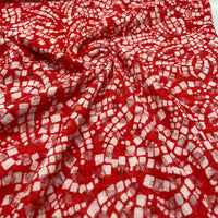 Red & White Abstract Mosaic Lace Fabric Stretch