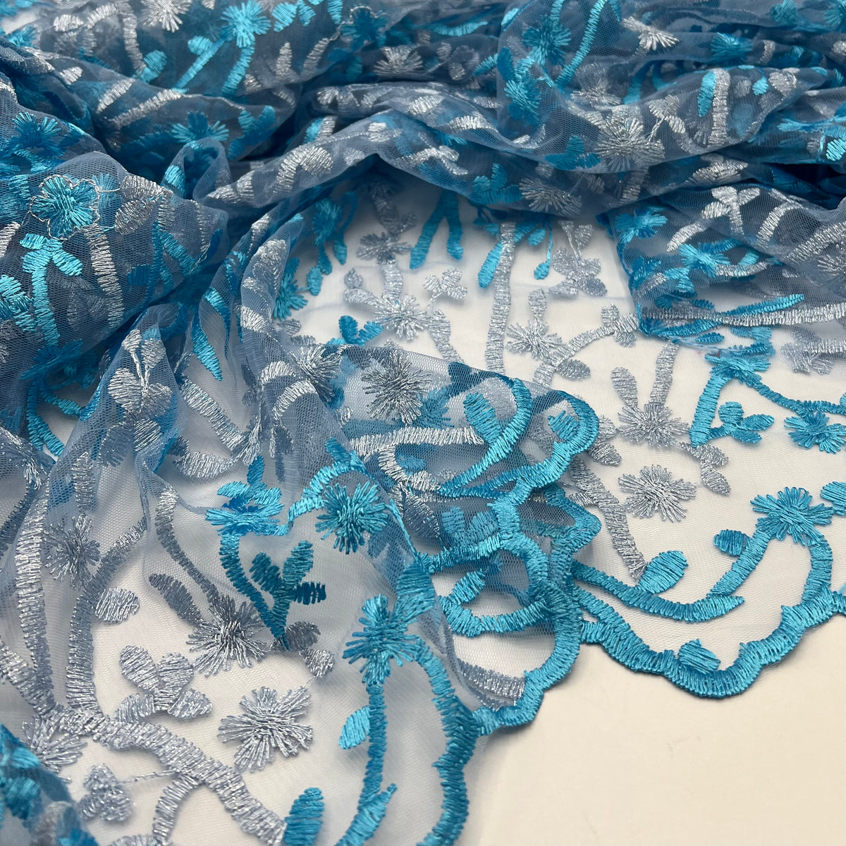 Blue Silver Floral Embroidered Tulle Lace Fabric