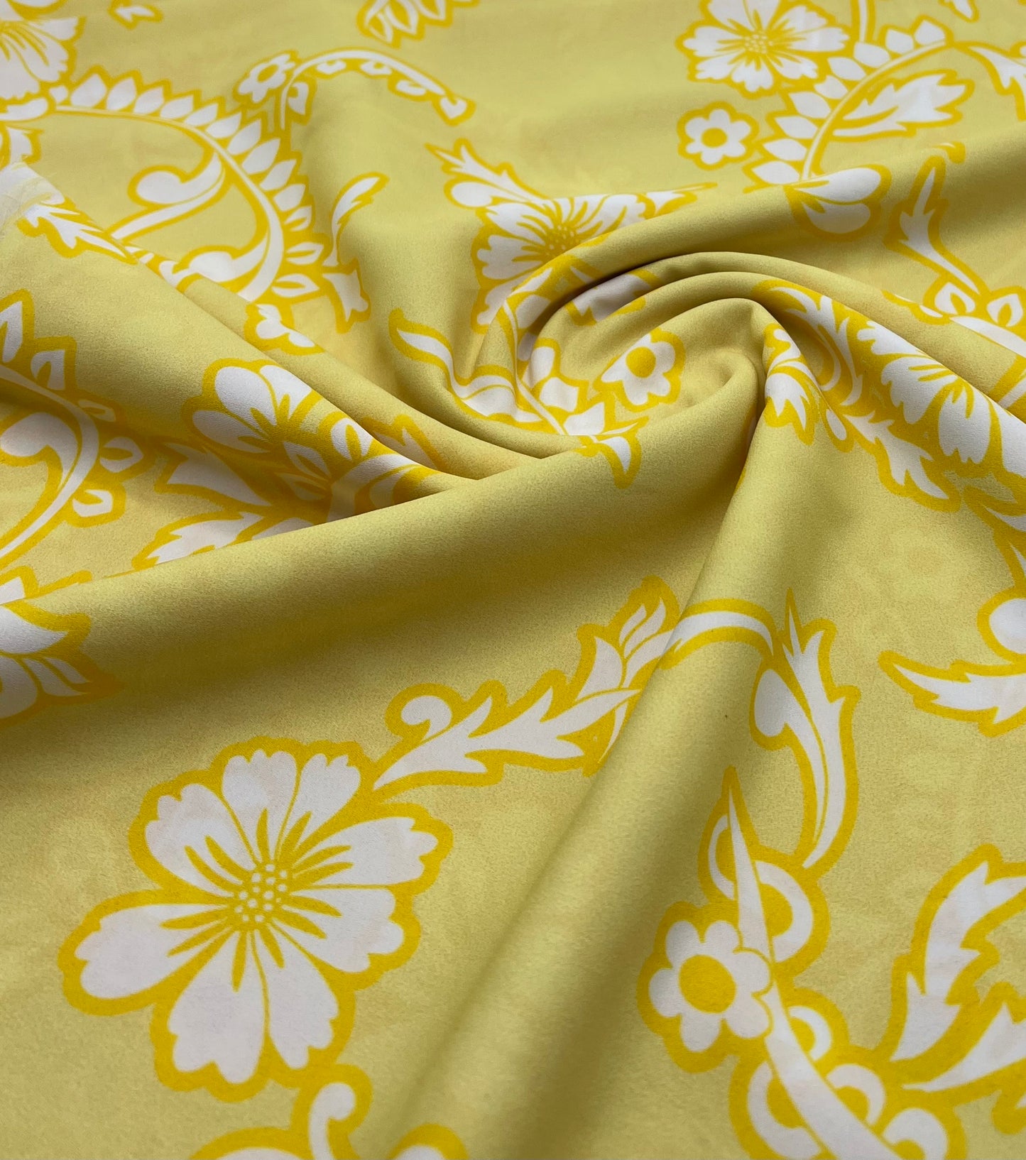 Yellow White Print Lightweight Crepe Fabric 115GSM Non Stretch