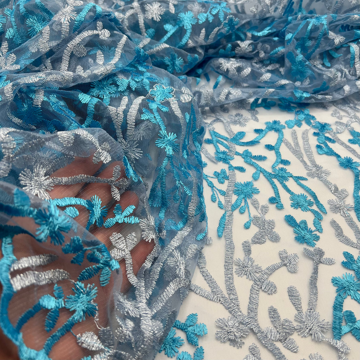 Blue Silver Floral Embroidered Tulle Lace Fabric