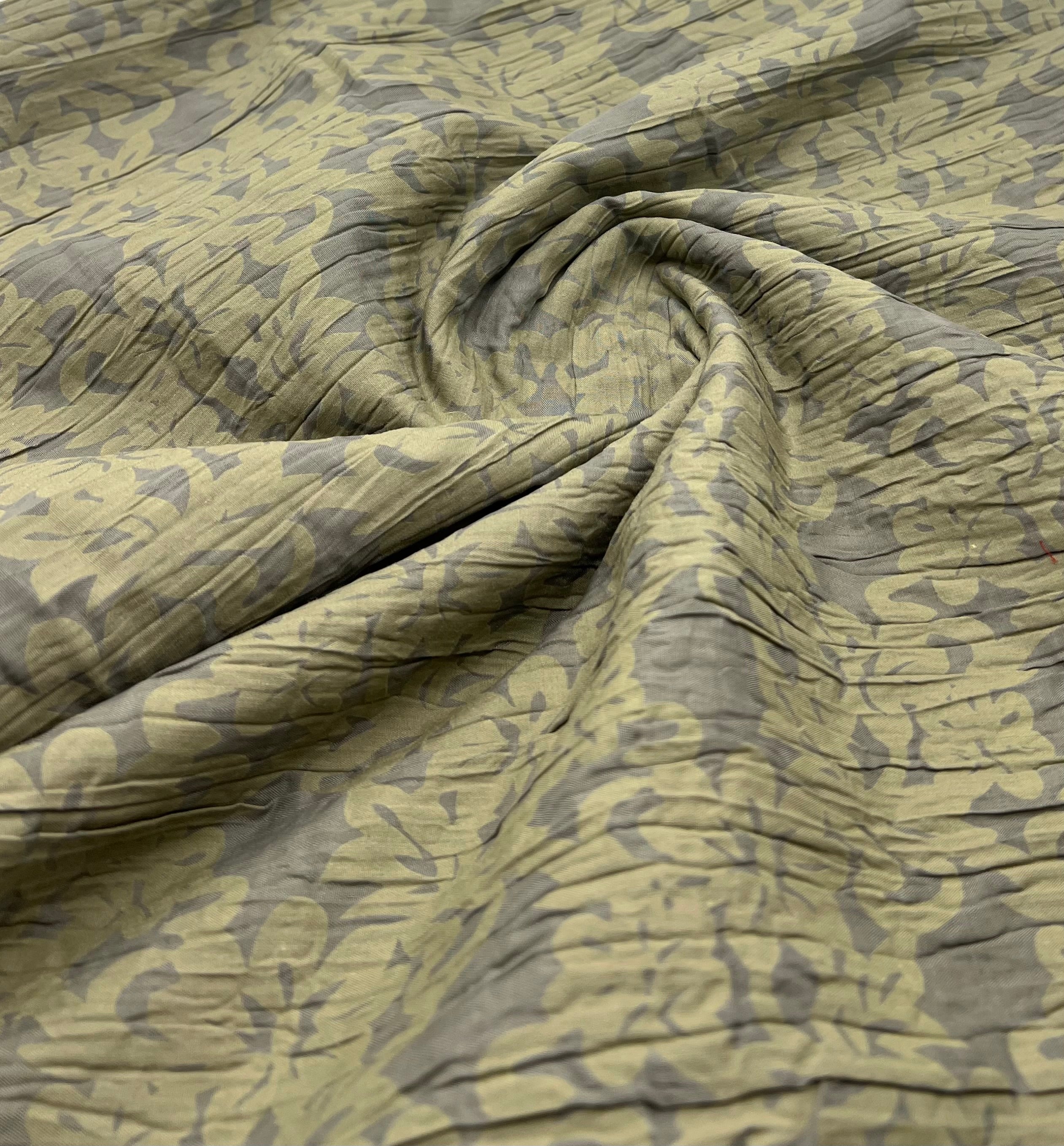 Khaki Floral Crinkled Lightweight Non Stretch Woven Fabric