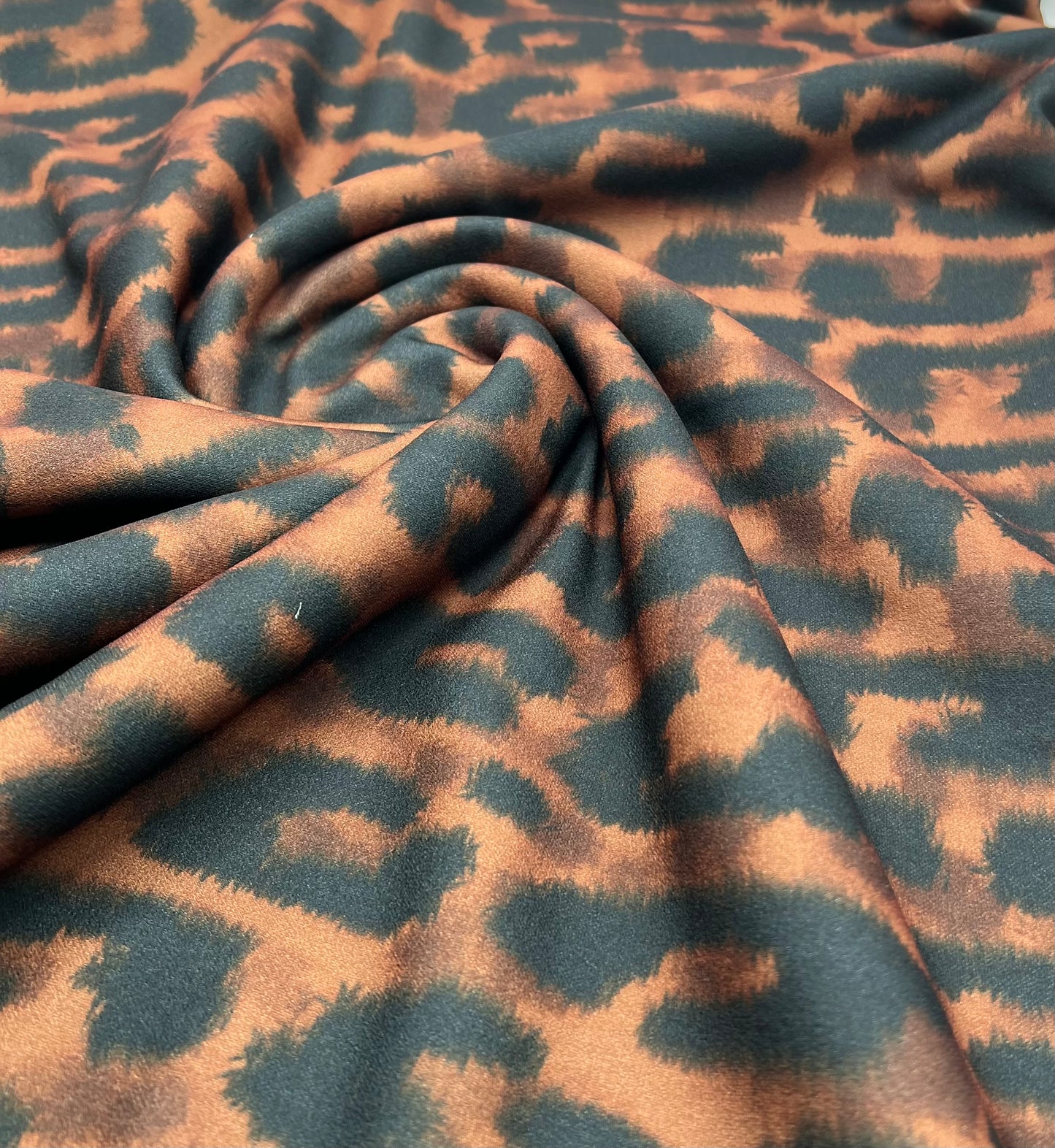 Brown Leopard Animal Printed Scuba Crepe Fabric 4 Way Stretch