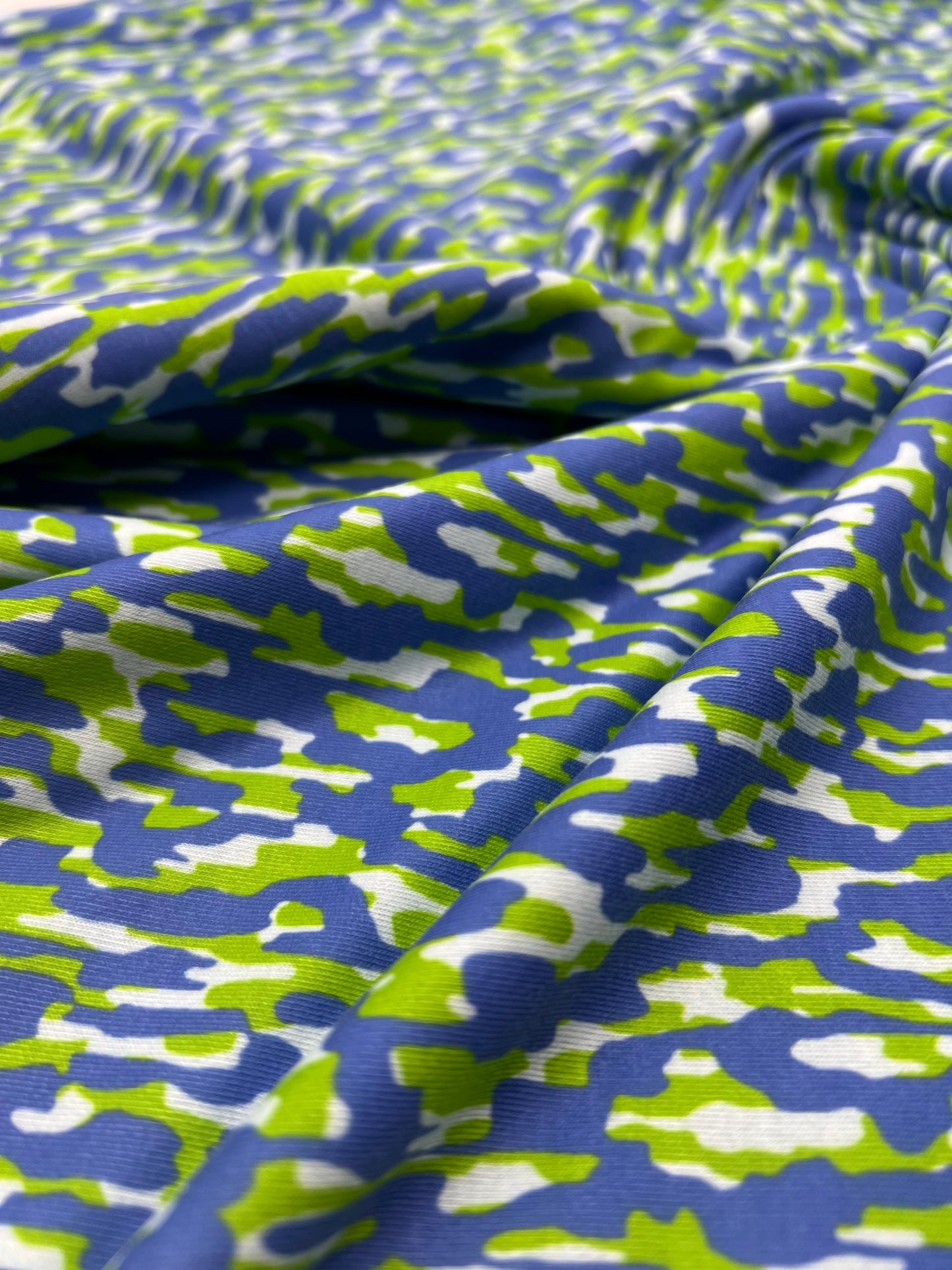 Blue Green Multi Mix Print Spun Poly Stretch Fabric