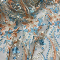 Blue Coral Beige Floral Embroidered Tulle Lace Fabric
