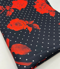 Black Rose Spot Printed Scuba Crepe Fabric 4 Way Stretch