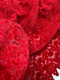 Red Embossed Textured Scalloped Edge Floral Lace Fabric Stretch