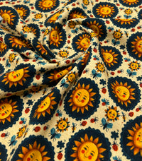 Folk Art Sun Faces Print Cotton Stretch Jersey 200 GSM 95/5 Lycra 4 Way Stretch