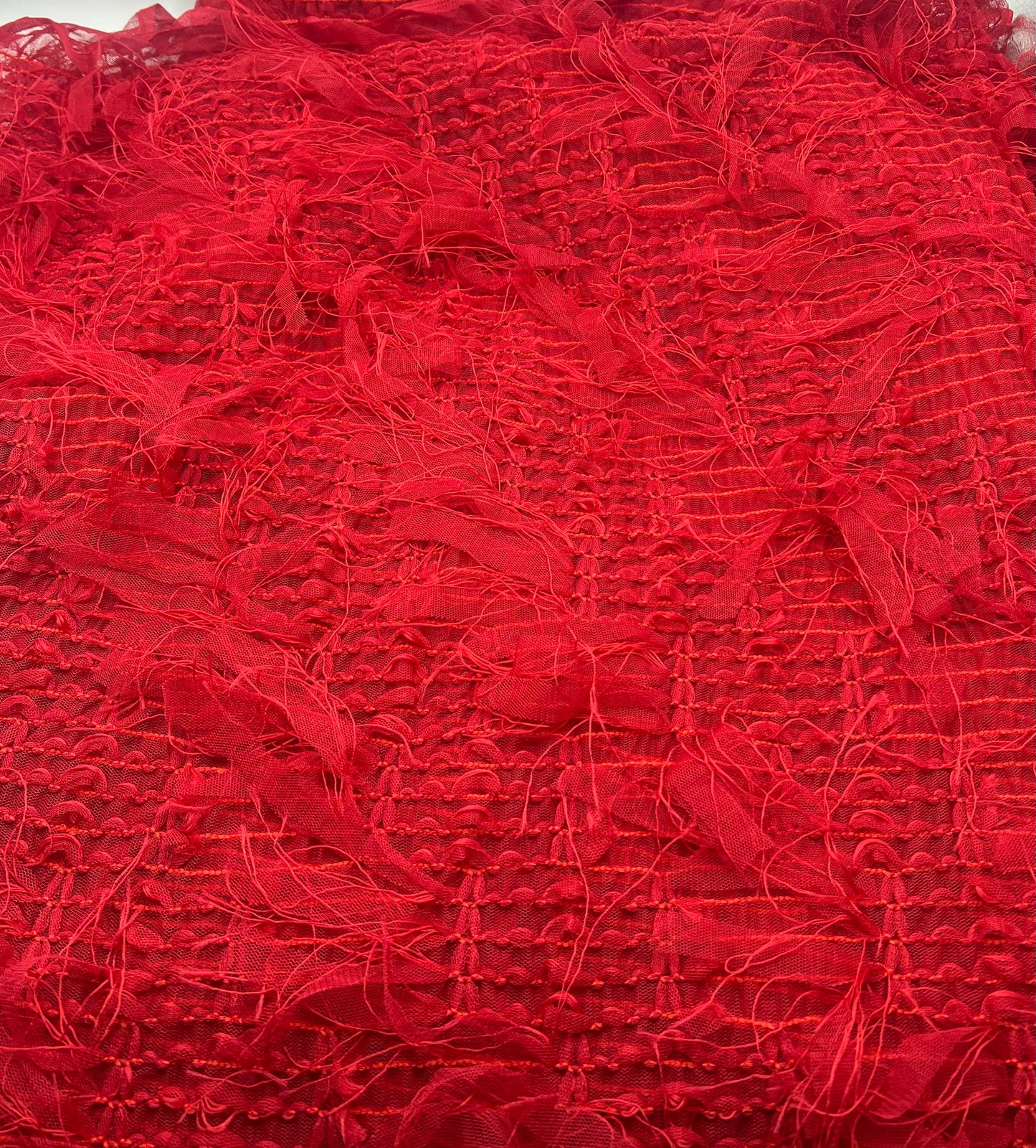 Red Textured Mesh Tassel Fabric 2 Way Stretch