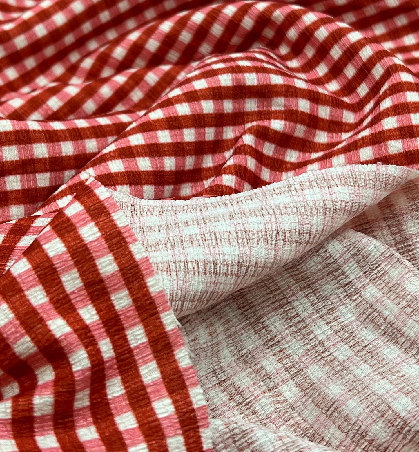 Red Gingham Check Print Lightweight Bubble Crepe Fabric