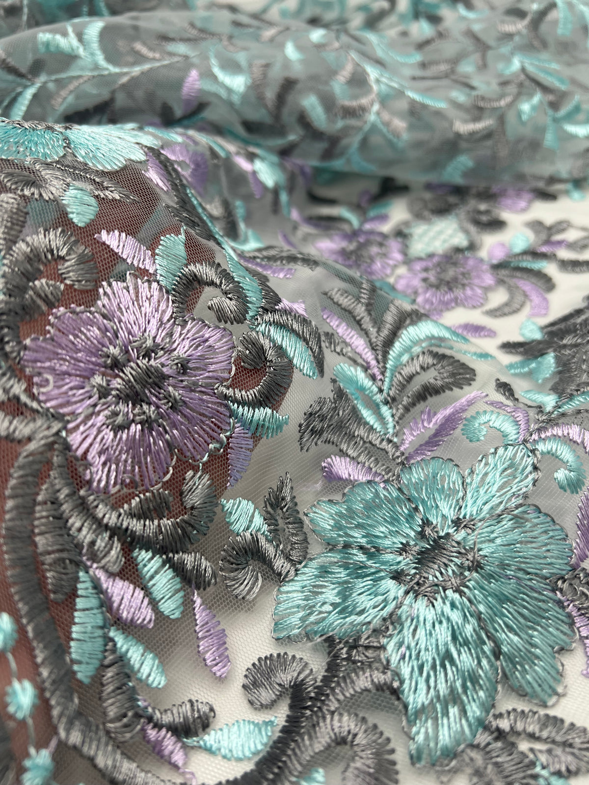 Grey Aqua Lilac Floral Embroidered Tulle Lace Fabric