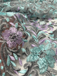 Grey Aqua Lilac Floral Embroidered Tulle Lace Fabric