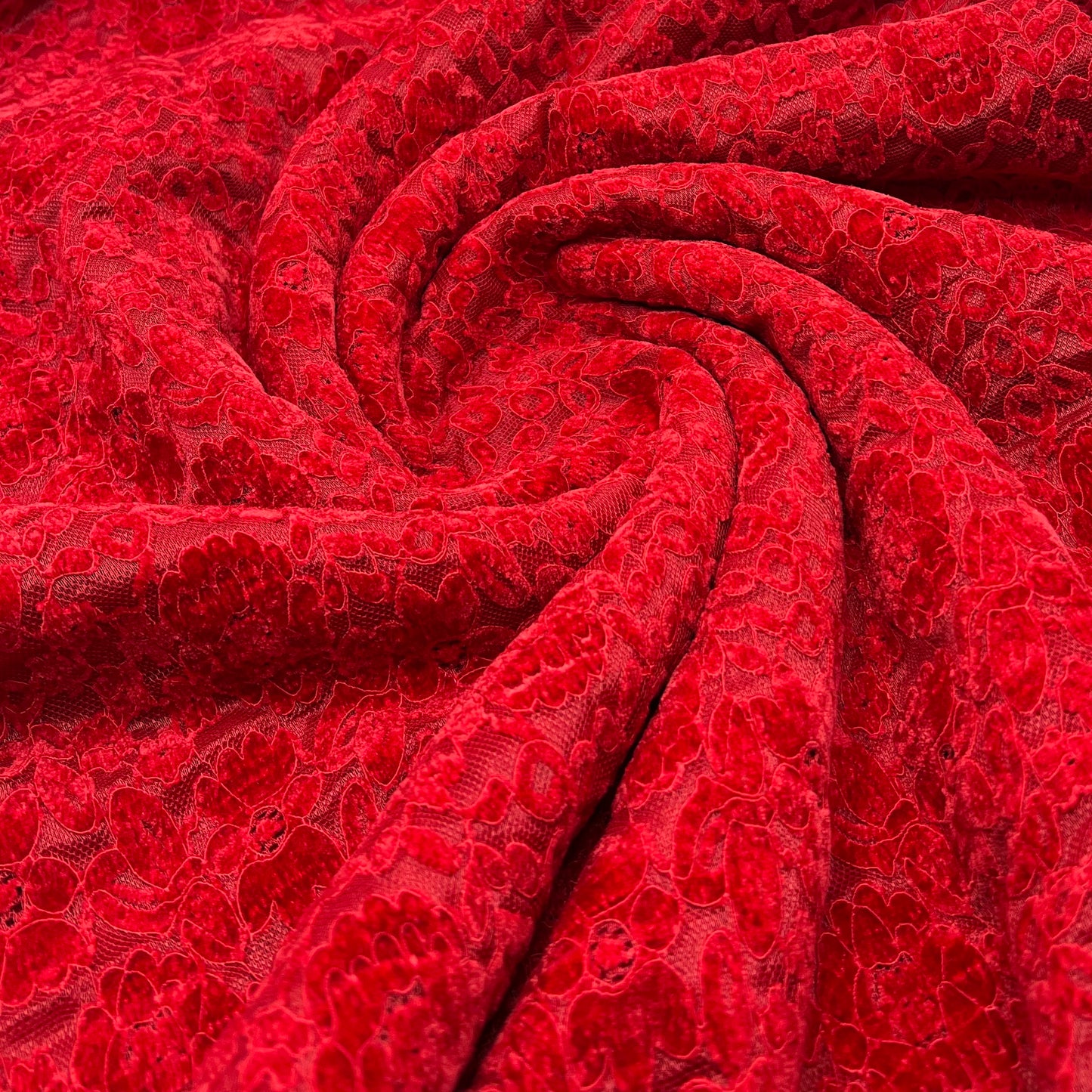 Red Embossed Textured Scalloped Edge Floral Lace Fabric Stretch