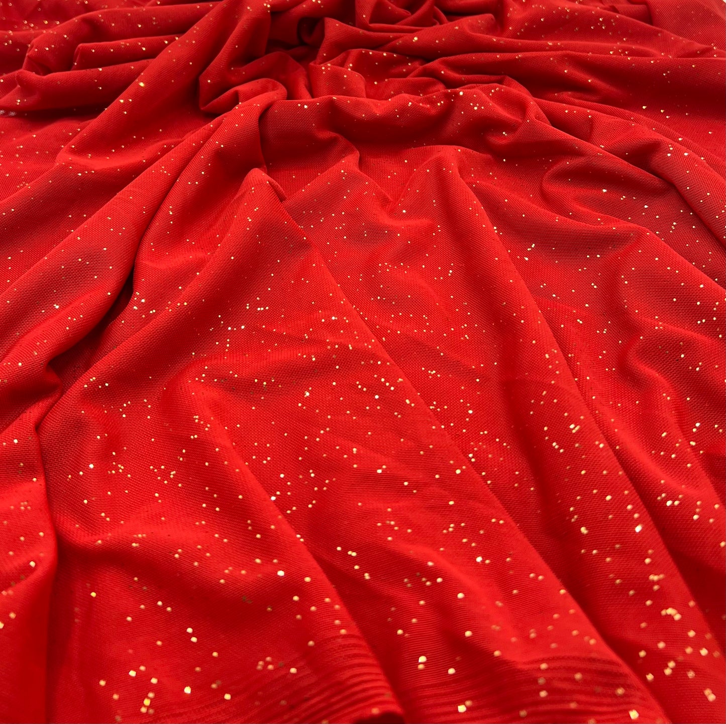 Red Gold Glitter Sparkle Mesh Fabric Stretch