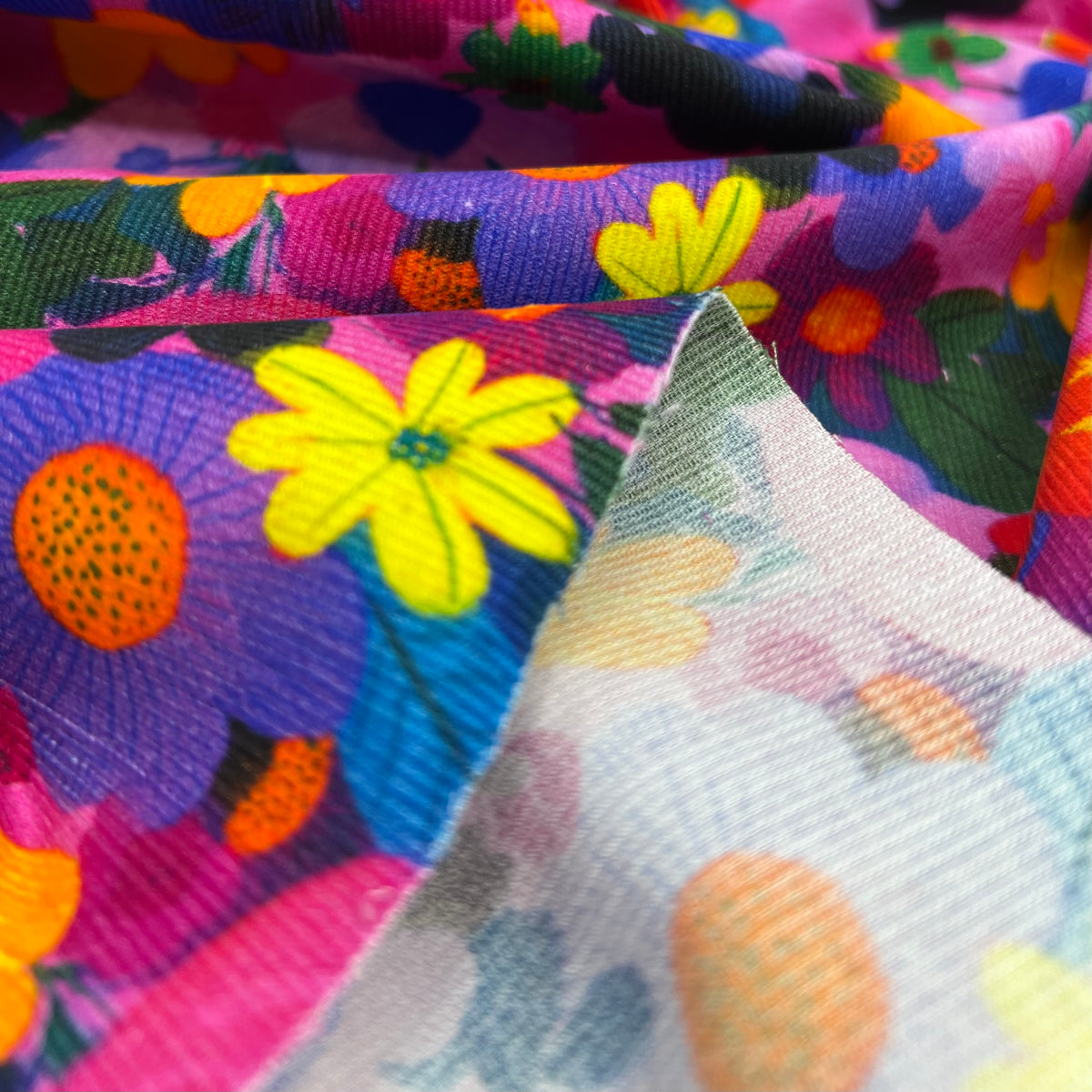 Bright Flowers Floral Print Cotton Needlecord Non Stretch Fabric