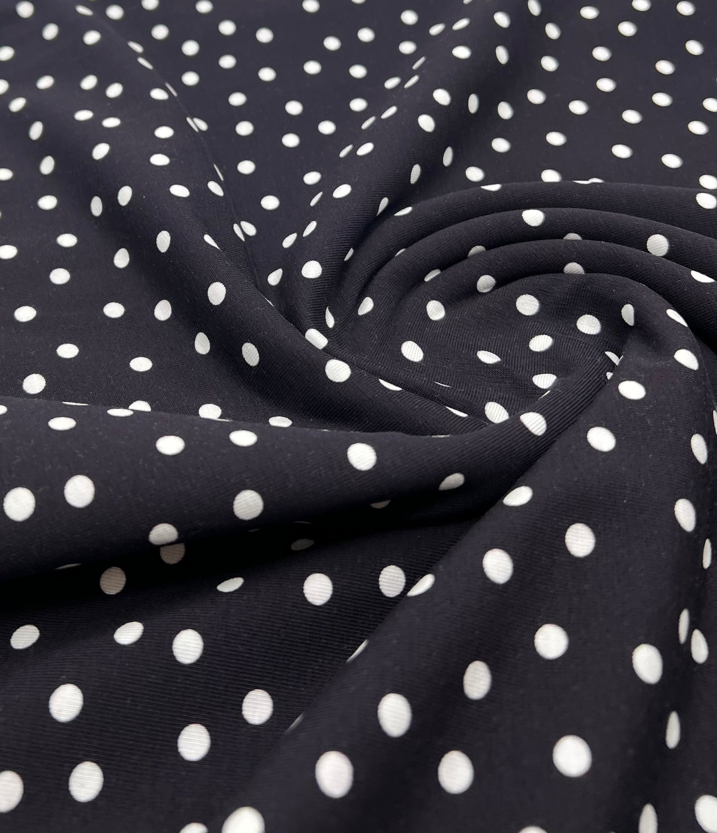 **SALE** Black Polka Spot Cotton Stretch Jersey 200 GSM 95/5 Lycra 4 Way Stretch