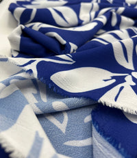 Blue Leaf Print Lightweight Bubble Crepe Fabric