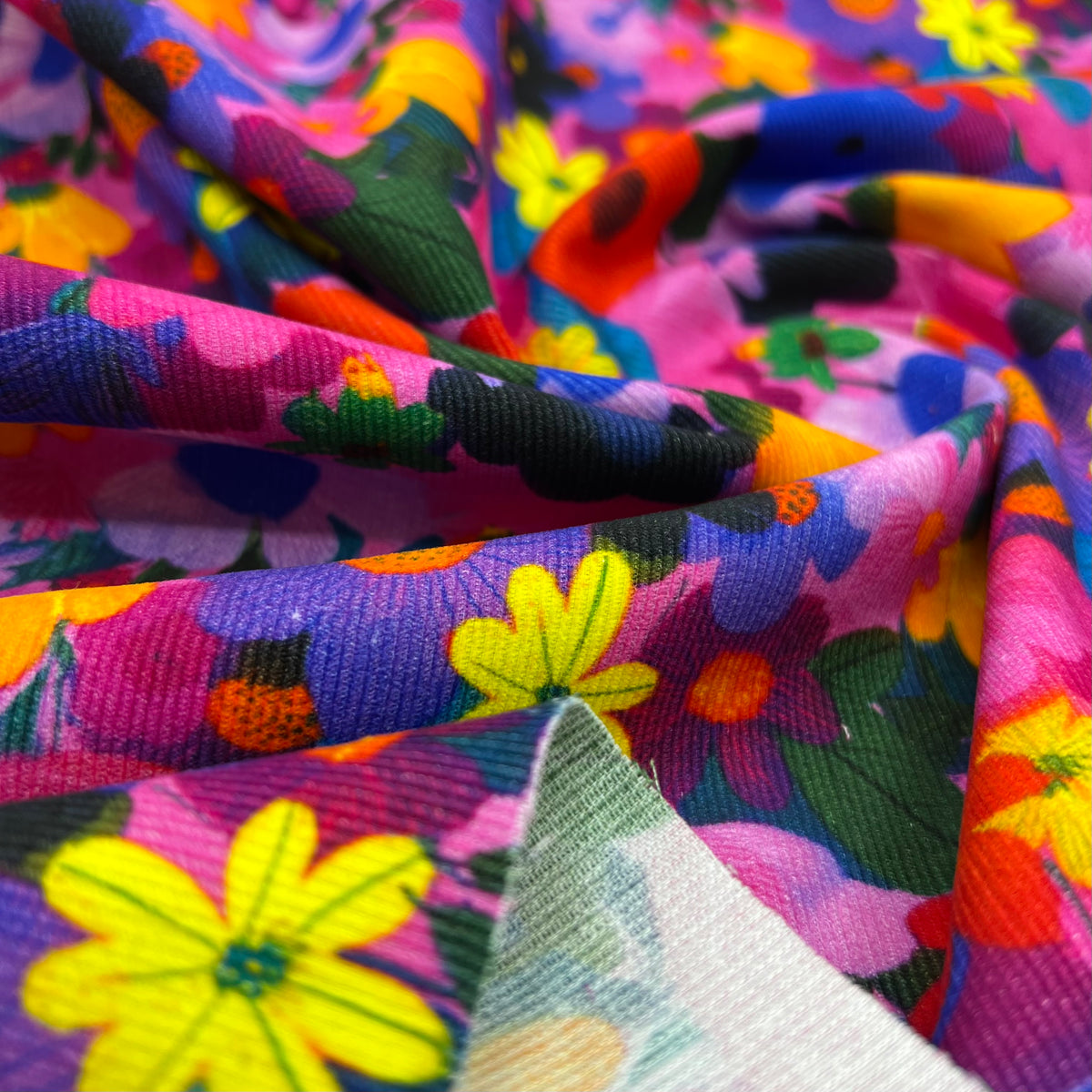 Bright Flowers Floral Print Cotton Needlecord Non Stretch Fabric