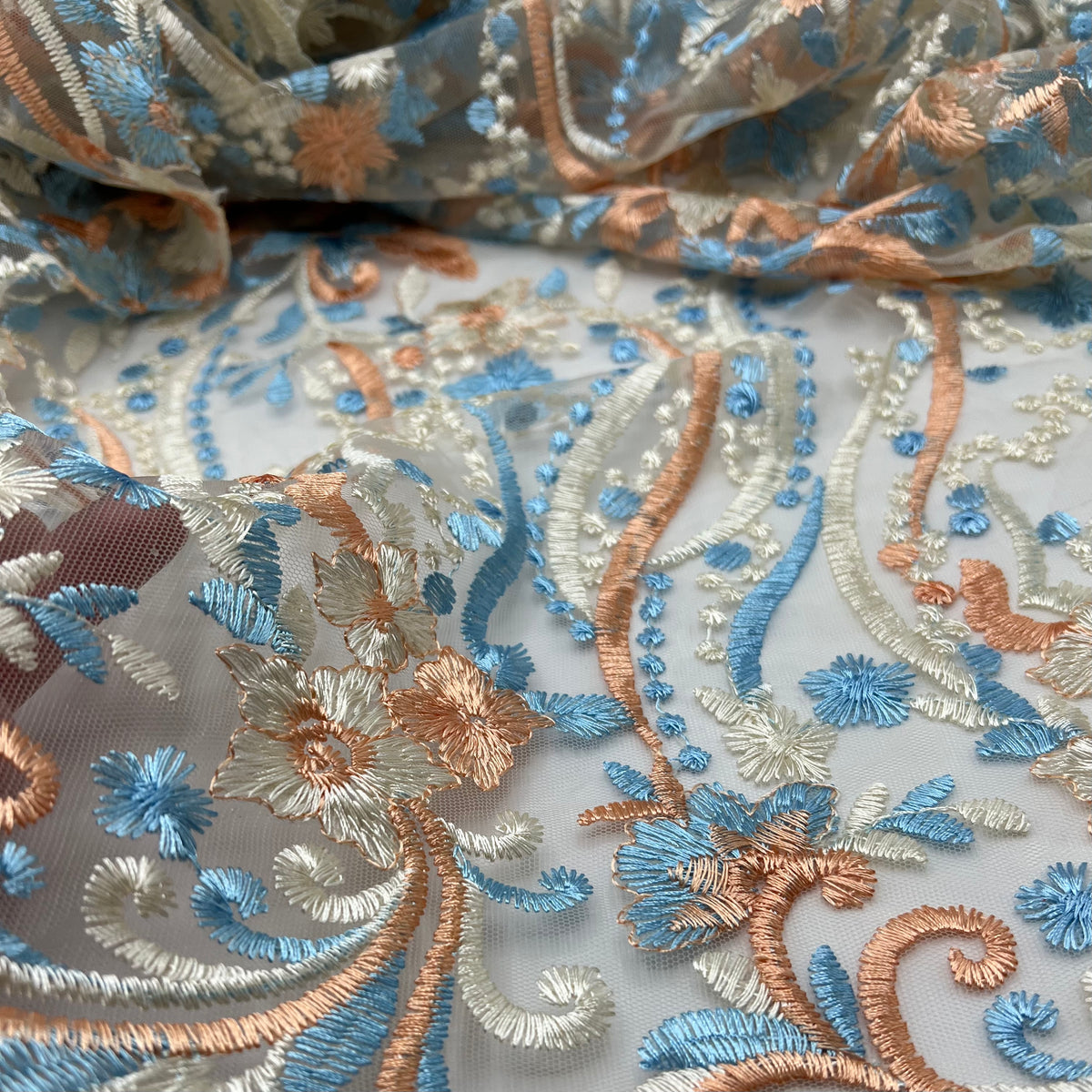 Blue Coral Beige Floral Embroidered Tulle Lace Fabric