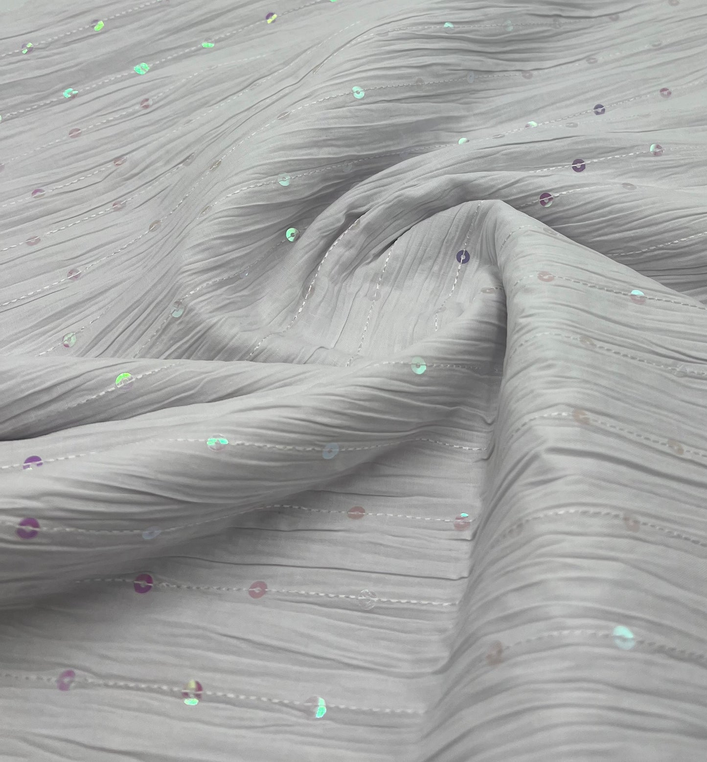 White Sequin Crinkled Lightweight Non Stretch Fabric
