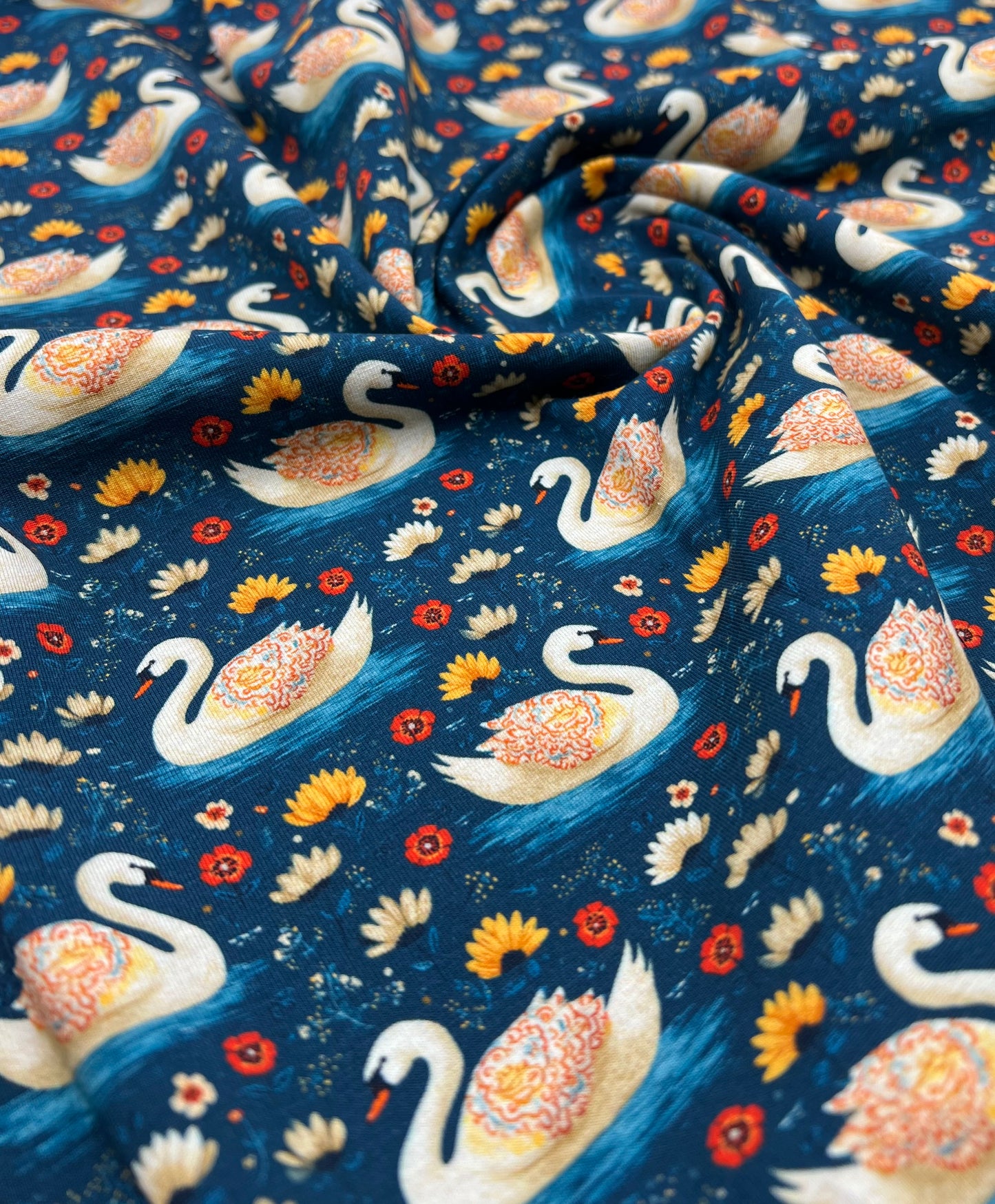 Folk Art Swans Print Cotton Stretch Jersey 200 GSM 95/5 Lycra 4 Way Stretch