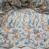 Blue Coral Beige Floral Embroidered Tulle Lace Fabric