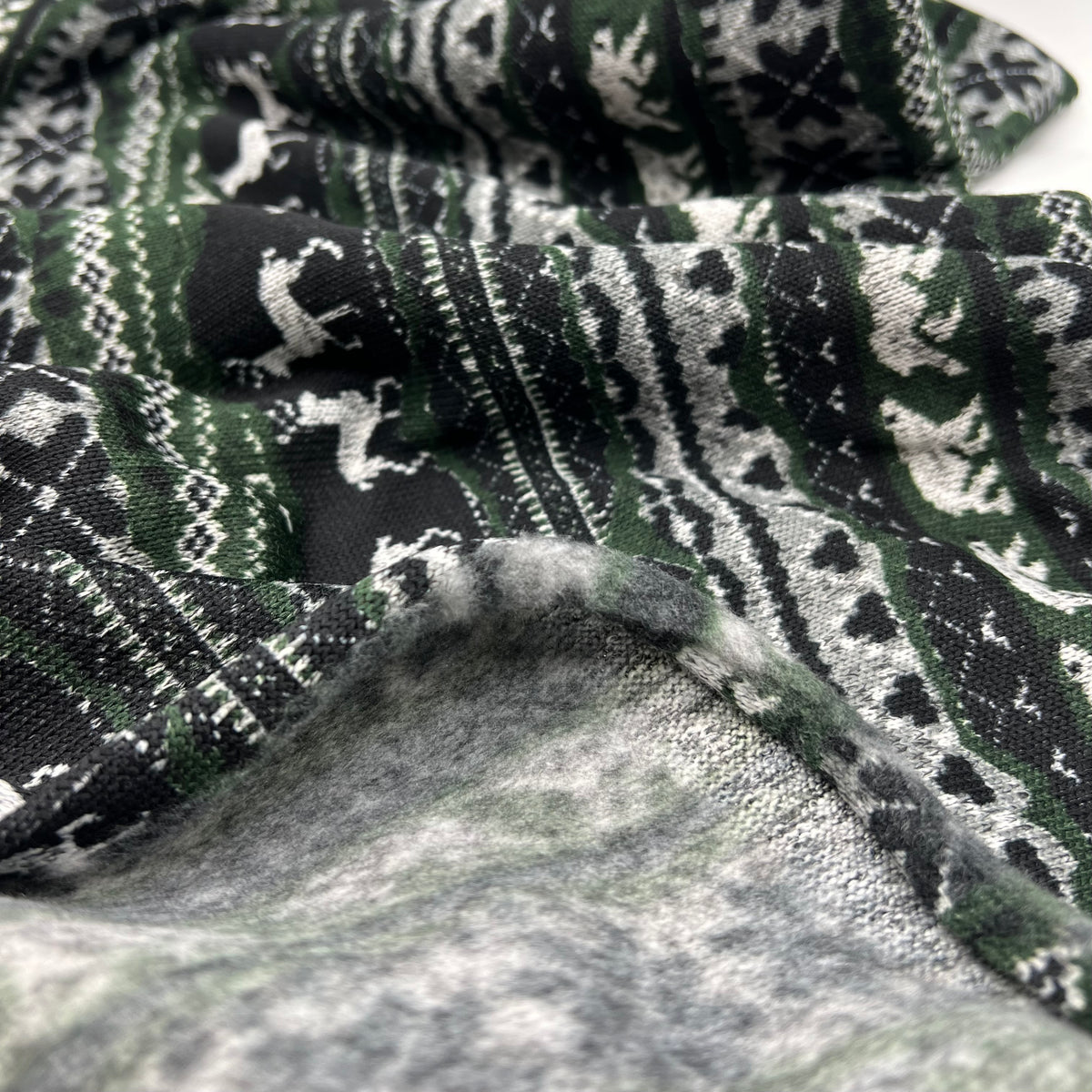 Green Fairisle Christmas Melange Brushed Back Knit Stretch Fabric