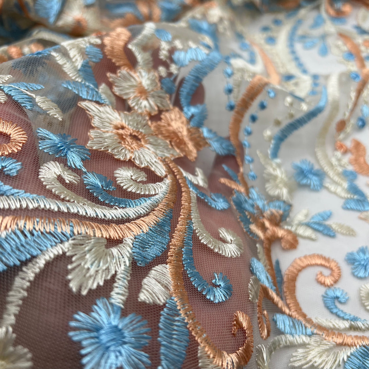 Blue Coral Beige Floral Embroidered Tulle Lace Fabric