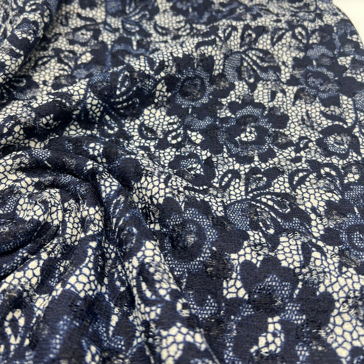 Navy Beige Floral Lace Fabric Stretch